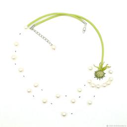 Necklace made of leather and pearls "Summer. Wind. Dandelions"